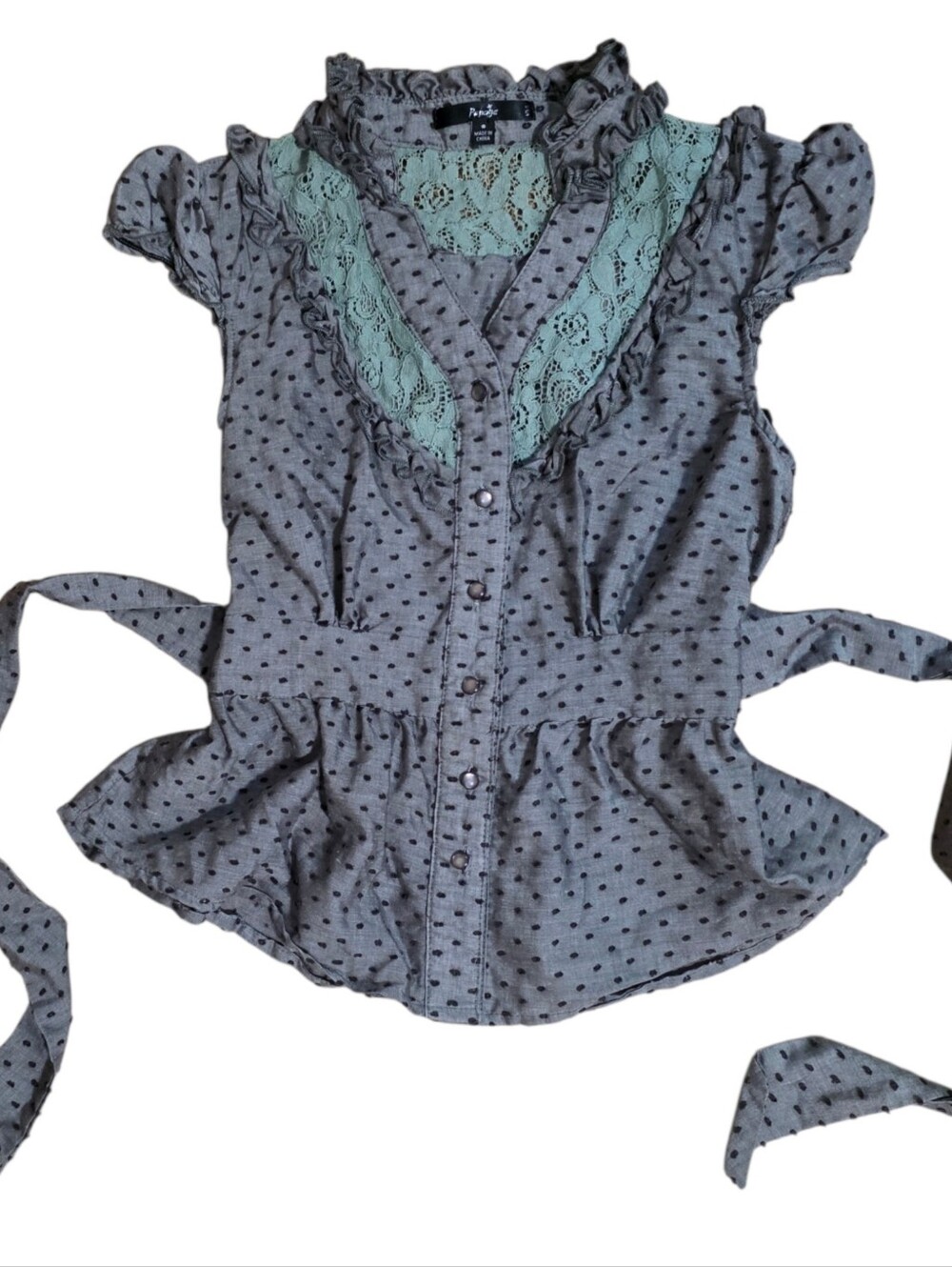 Papaya polka dot lace cap sleeve babydoll button up top with back tie